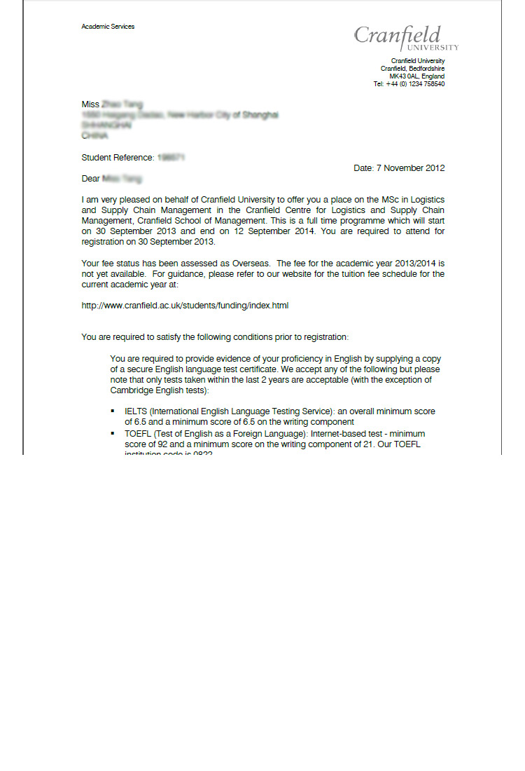 恭喜這位同學(xué)被克蘭菲爾德大學(xué)物流與供應(yīng)鏈管理專業(yè)錄取-優(yōu)越教育