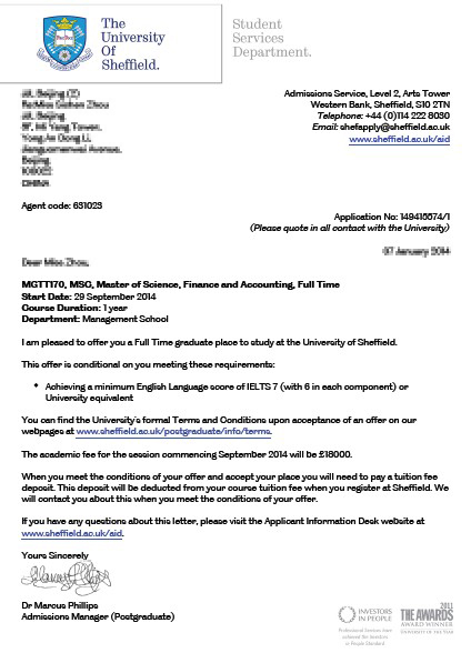 恭喜關(guān)同學(xué)成功申請(qǐng)到謝菲爾德大學(xué)研究生科學(xué)，金融與會(huì)計(jì)專業(yè)-優(yōu)越教育