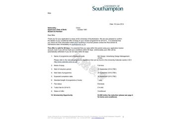 恭喜周同學成功申請到南安普頓大學研究生廣告設計管理專業--優越教育