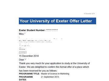恭喜劉同學獲得埃克賽特大學市場營銷學碩士錄取通知書