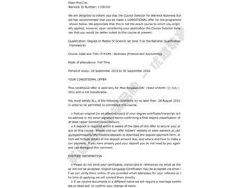 恭喜苗同學獲得華威大學會計金融碩士通知書