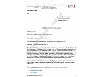 恭喜朱同學(xué)獲得杜倫大學(xué)會計與管理專業(yè)本科預(yù)科申請書