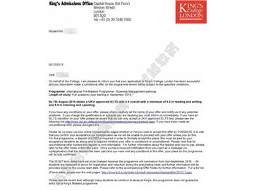 恭喜馮同學(xué)獲得倫敦大學(xué)國王學(xué)院工商管理方向碩士預(yù)科通知書