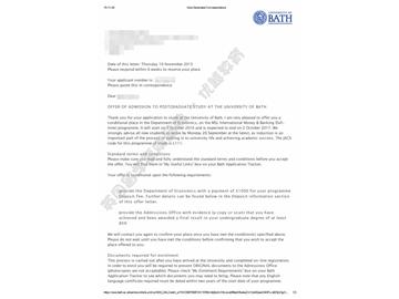 恭喜劉同學(xué)獲得巴斯大學(xué)國際貨幣與銀行專業(yè)碩士通知書