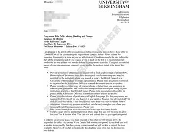 恭喜許同學(xué)獲得伯明翰大學(xué)貨幣，銀行與金融專業(yè)碩士通知書