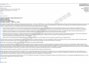 恭喜丁同學(xué)獲得伯明翰大學(xué)市場營銷專業(yè)碩士通知書