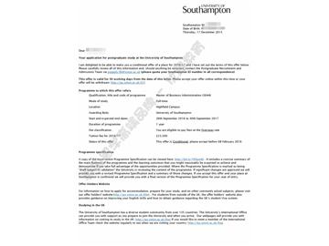 恭喜周同學(xué)獲得南安普頓大學(xué)工商管理碩士通知書
