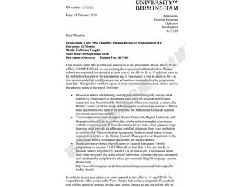 恭喜張同學(xué)獲得伯明翰大學(xué)人力資源管理專業(yè)碩士