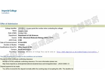 恭喜馬同學獲得帝國理工學院結構分子生物學專業碩士通知書。