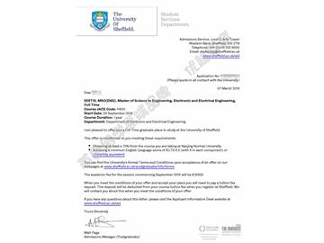 恭喜程同學(xué)獲得謝菲爾德大學(xué)電子電氣工程專業(yè)碩士通知書