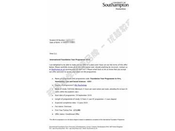  恭喜朱同學(xué)獲得南安普頓大學(xué)心理學(xué)專(zhuān)業(yè)本科通知書(shū)