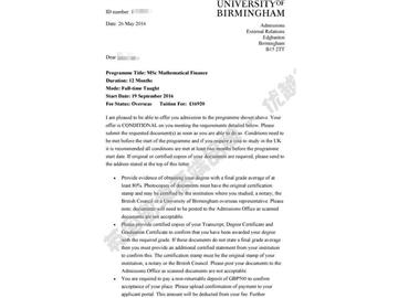 恭喜秦同學(xué)獲得伯明翰大學(xué)數(shù)學(xué)金融專(zhuān)業(yè)碩士通知書(shū)