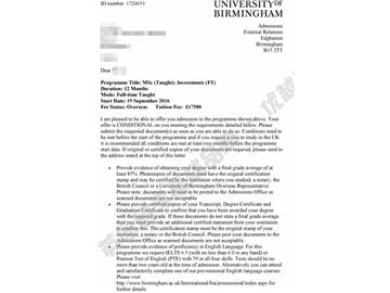 恭喜于同學(xué)獲得伯明翰大學(xué)投資學(xué)專業(yè)碩士通知書