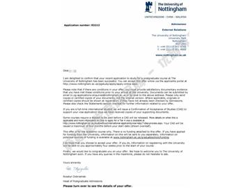 恭喜余同學(xué)獲得諾丁漢大學(xué)風(fēng)險(xiǎn)管理專業(yè)碩士通知書