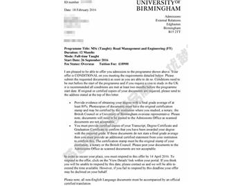 恭喜方同學獲得伯明翰大學道路管理與工程專業(yè)碩士通知書