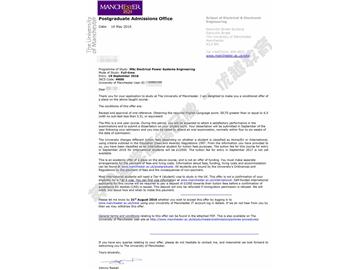  恭喜李同學獲得曼徹斯特大學電力系統(tǒng)工程專業(yè)碩士通知書