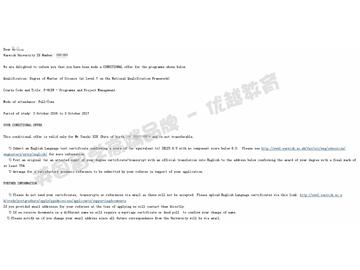 恭喜徐同學獲得華威大學項目與工程管理專業(yè)碩士通知書