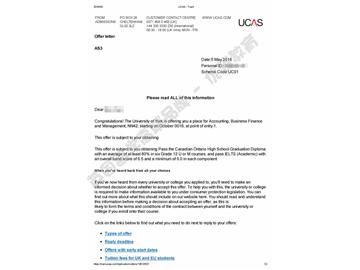 恭喜丁同學獲得約克大學會計、商務(wù)金融與管理專業(yè)本科通知書