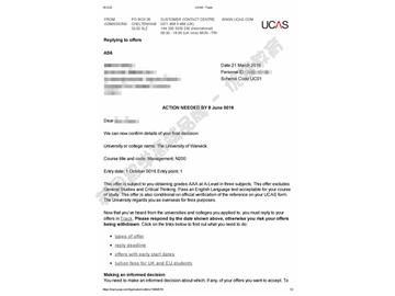  恭喜王同學(xué)獲得華威大學(xué)管理學(xué)專業(yè)本科通知書