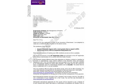 恭喜孫同學獲得曼徹斯特大學項目管理專業(yè)碩士通知書
