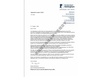恭喜趙同學獲得諾丁漢大學會計與金融專業(yè)碩士通知書