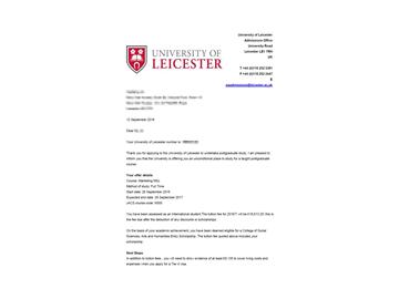 恭喜劉同學獲得萊斯特大學市場營銷專業(yè)碩士通知書