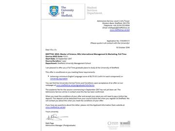 恭喜吳同學獲得謝菲爾德大學國際營銷管理專業(yè)碩士通知書