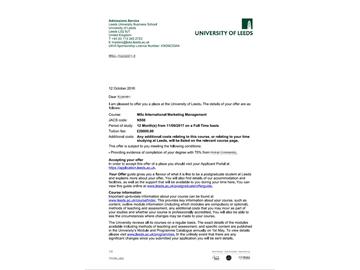 恭喜朱同學(xué)獲得利茲大學(xué)國(guó)際營(yíng)銷(xiāo)管理專(zhuān)業(yè)碩士通知書(shū)