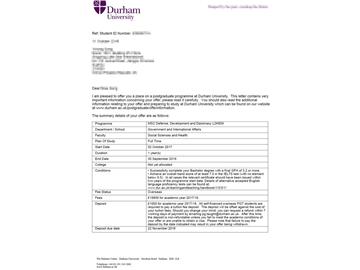 恭喜黃同學(xué)獲得杜倫大學(xué)國(guó)防、發(fā)展與外交專(zhuān)業(yè)碩士通知書(shū)