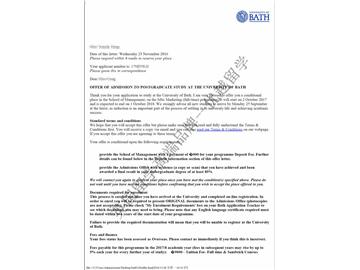 恭喜丁同學獲得巴斯大學市場營銷專業(yè)碩士通知書