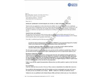 恭喜吳同學獲得巴斯大學金融專業(yè)碩士通知書