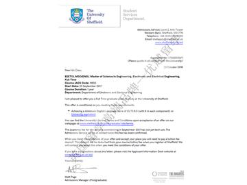 恭喜丁同學獲得謝菲爾德大學電子電氣工程專業碩士通知書