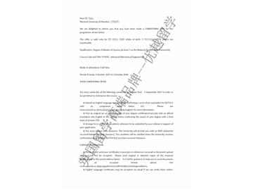 恭喜方同學獲得華威大學高等機械工程專業(yè)碩士通知書