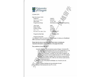 恭喜胡同學獲得格拉斯哥大學電子電氣工程專業(yè)碩士通知書