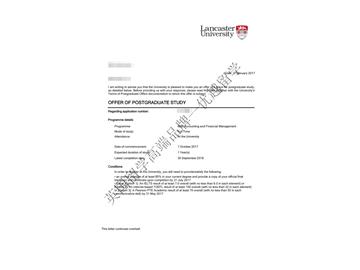 恭喜袁同學獲得蘭卡斯特大學會計與財務管理專業(yè)碩士通知書