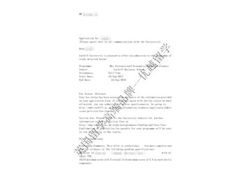 恭喜章同學獲得卡迪夫大學國際經(jīng)濟、銀行與金融專業(yè)碩士通知書