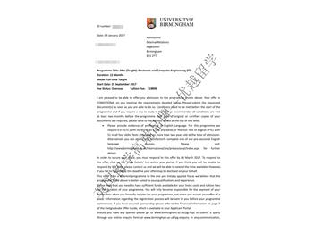 恭喜張同學獲得伯明翰大學電子與計算機工程專業(yè)碩士通知書