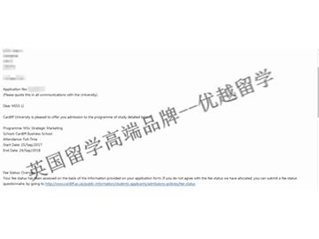 恭喜黃同學獲得卡迪夫大學戰(zhàn)略營銷專業(yè)碩士通知書