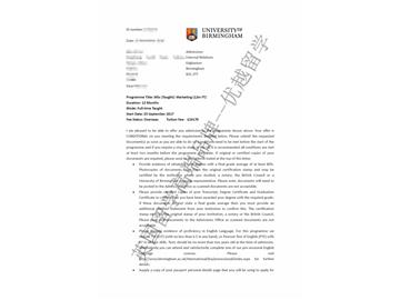 恭喜方同學(xué)獲得伯明翰大學(xué)市場營銷專業(yè)碩士通知書
