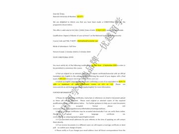 2018offer：恭喜丁同學獲得華威大學國際經濟法專業(yè)碩士通知書