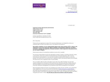 2018offer：恭喜吳同學獲得曼徹斯特大學教育學專業(yè)碩士通知書