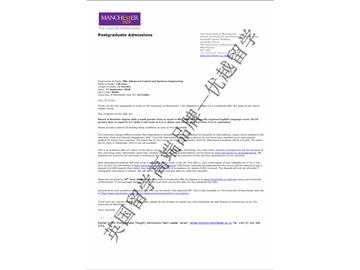 2018offer：恭喜于同學(xué)獲得曼徹斯特大學(xué)高等控制與系統(tǒng)工程專業(yè)碩士通知書