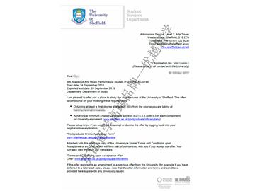 2018offer：恭喜李同學(xué)獲得謝菲爾德大學(xué)音樂(lè)表演研究專業(yè)碩士通知書
