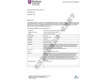 2018offer：恭喜王同學(xué)獲得杜倫大學(xué)金融（會(huì)計(jì)與金融）專業(yè)碩士通知書