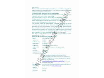 2018offer：恭喜韓同學(xué)獲得布里斯托大學(xué)金融與投資專業(yè)碩士通知書