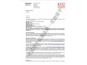 2018offer：恭喜李同學(xué)獲得倫敦大學(xué)國(guó)王學(xué)院創(chuàng)意與文化產(chǎn)業(yè)專業(yè)碩士通知書