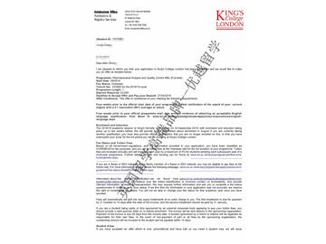 2018offer：恭喜蘇同學(xué)獲得倫敦大學(xué)國王學(xué)院藥物分析與質(zhì)量控制專業(yè)碩士通知書
