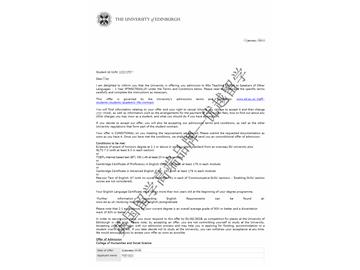 2018offer；恭喜胡同學獲得愛丁堡大學對外英語教學專業碩士通知書