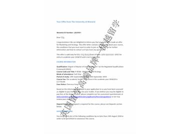 2018offer：恭喜朱同學(xué)獲得華威大學(xué)營銷與戰(zhàn)略專業(yè)碩士通知書