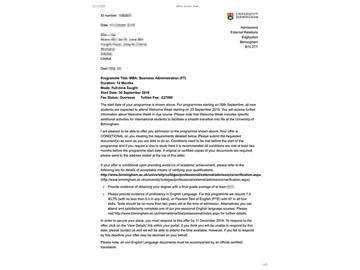 2019offer：恭喜吳同學獲得伯明翰大學MBA錄取通知書